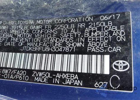 2017 Toyota Prius Two from USA, damaged, VIN JTDKBRFU8H3047871